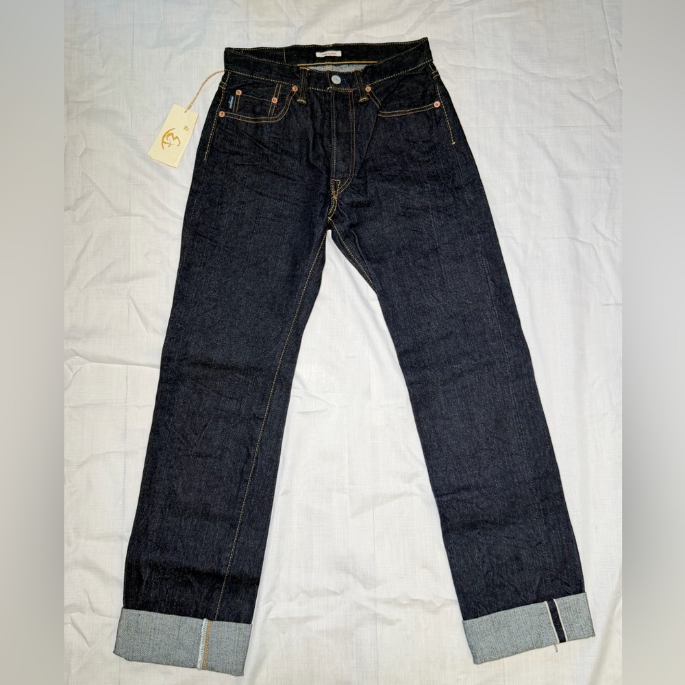 Raw Denim Straight Leg Dark Indigo Jeans with Selvedge Cuff
